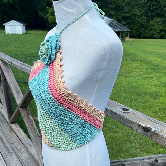 Crochet Halter Top with Floral Accent Handmade - Picture 4 of 6